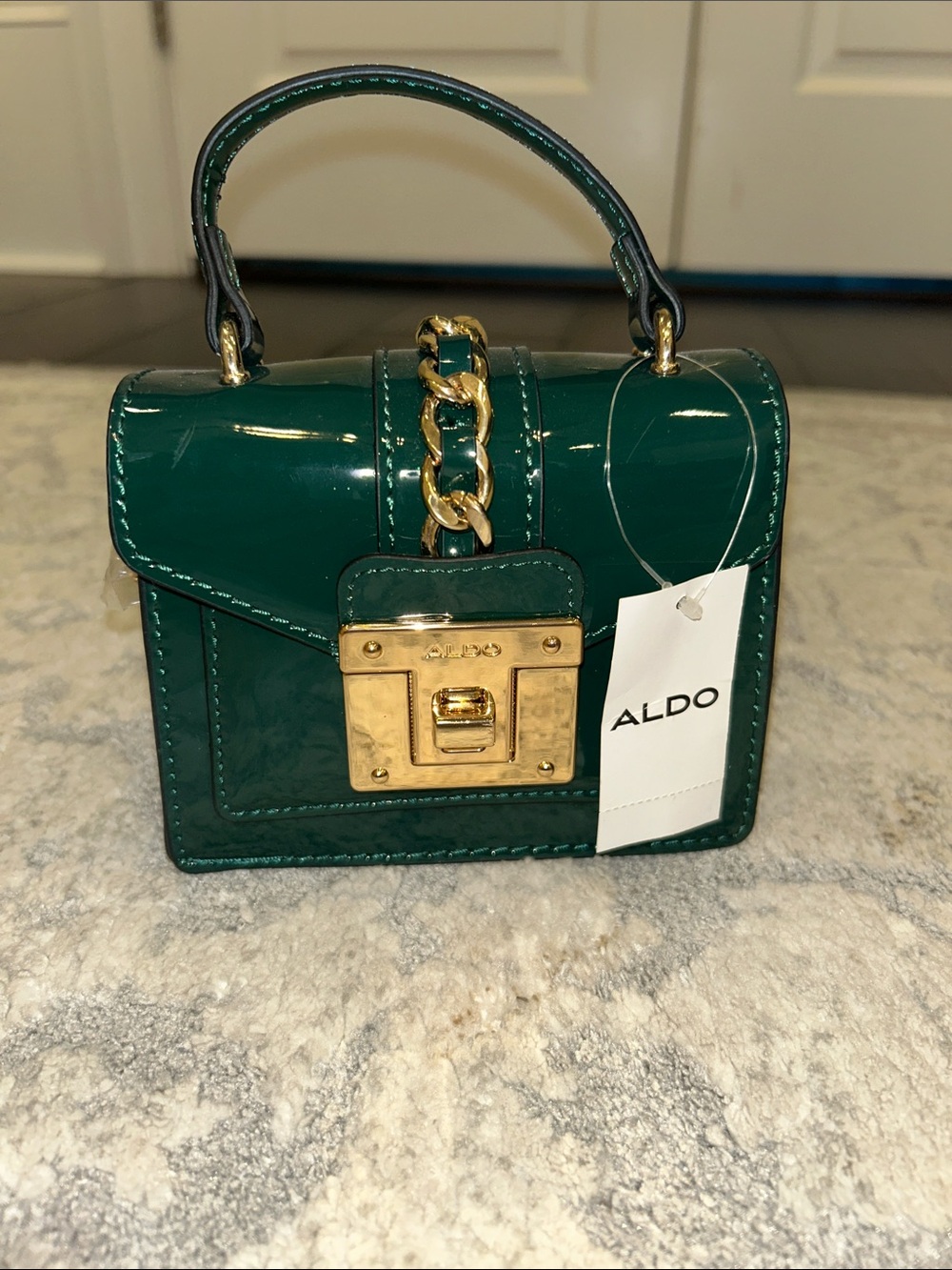 ALDO Emerald Green Patent Top-Handle Mini Bag with Gold Chain